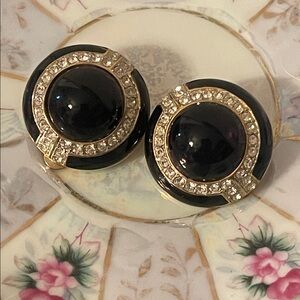 Vintage Les Bernard Black & Gold Rhinestone Clip-on Earrings